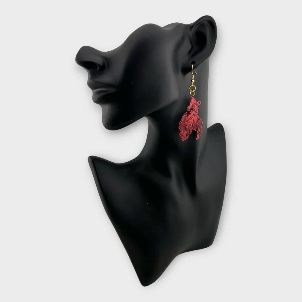 Red Koi Fish Earrings Gold Plated French Hook Ear Wires - Picture 3 of 6